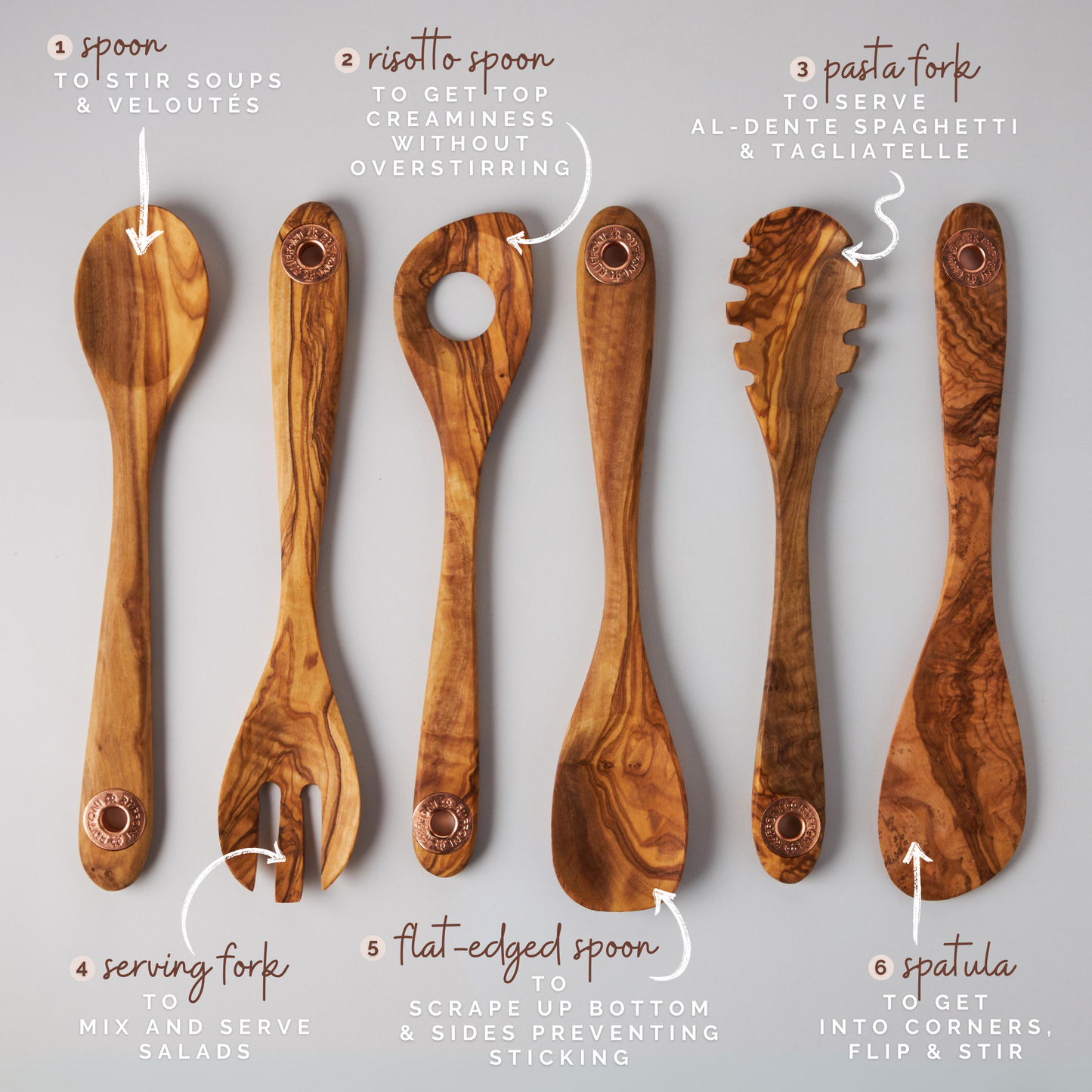 Set of six kitchen tools including spoon, spatula, risotto spoon, and spaghetti spoon, made of olivewood, by Ruffoni