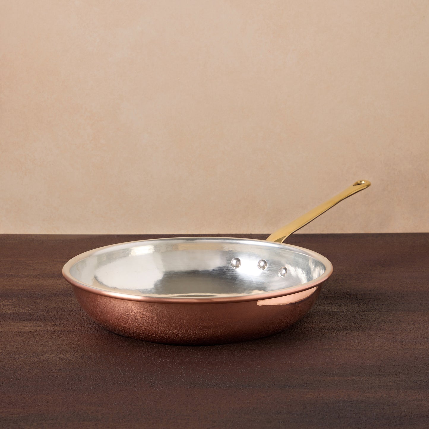 Hammered copper 10" Frying Pan lined with high purity tin applied by hand over fire and bronze handles, from Ruffoni Historia collection