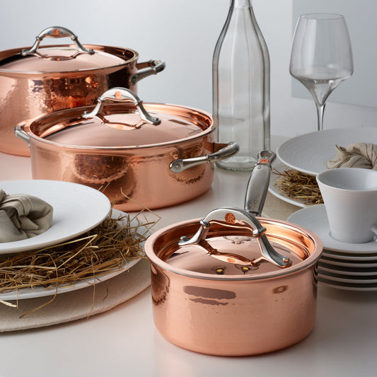 Cookware set in hammered copper with stainless steel lining from Ruffoni