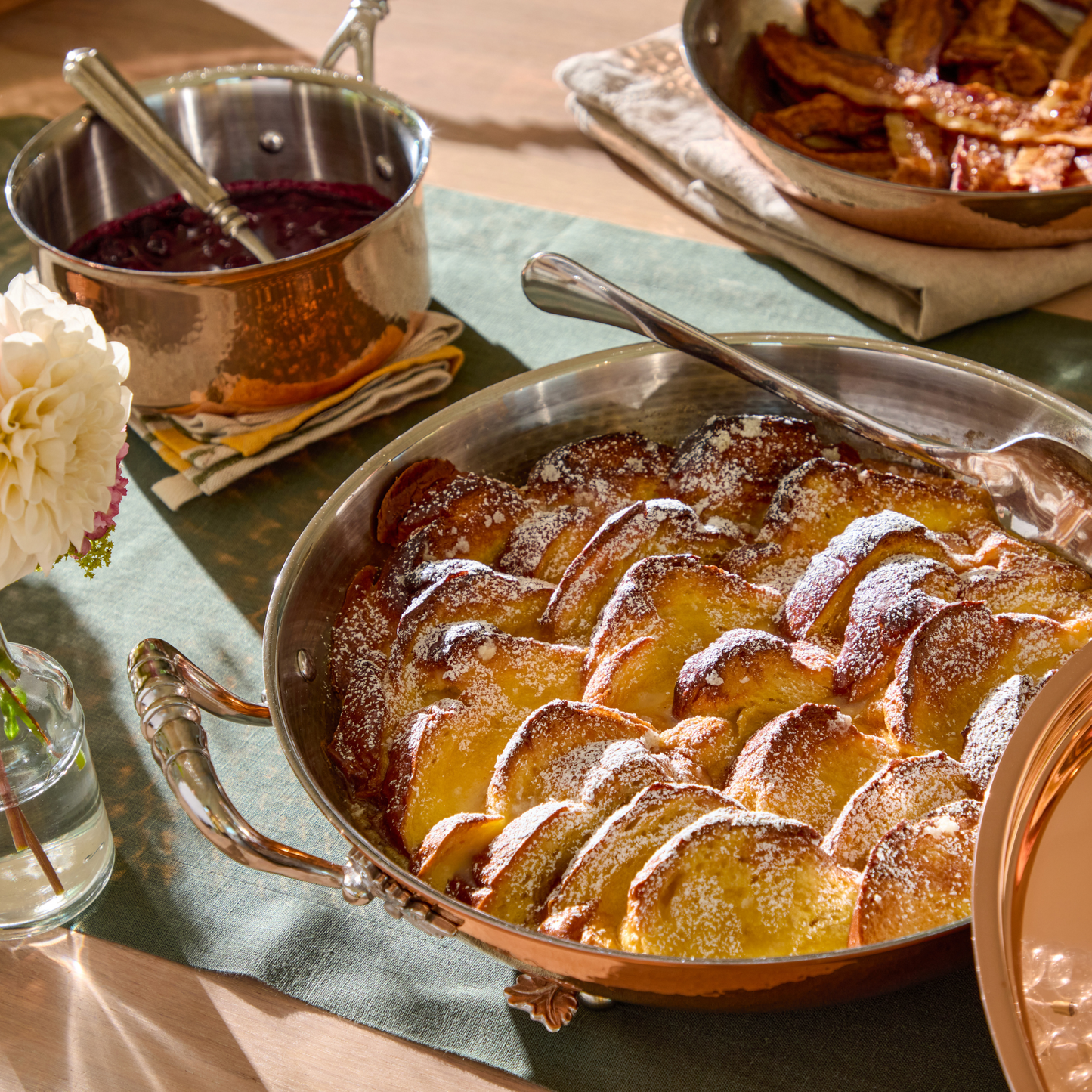 French toast baked in an Opus Cupra hammered copper with stainless steel lining and decorated silver-plated lid knob finial from Ruffoni.