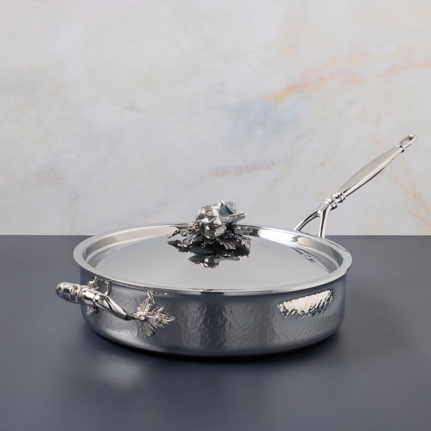 Ruffoni Opus Prima Sauté Pan 3.5qt crafted in hammered stainless steel