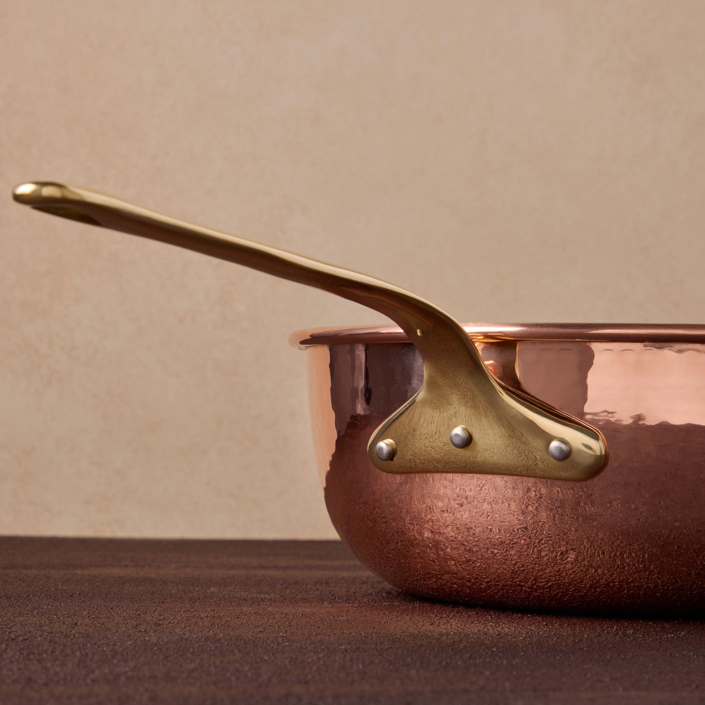 Signature hammering finish on large chef pan from Ruffoni Historia, applied to ensure increased strength and lasting beauty