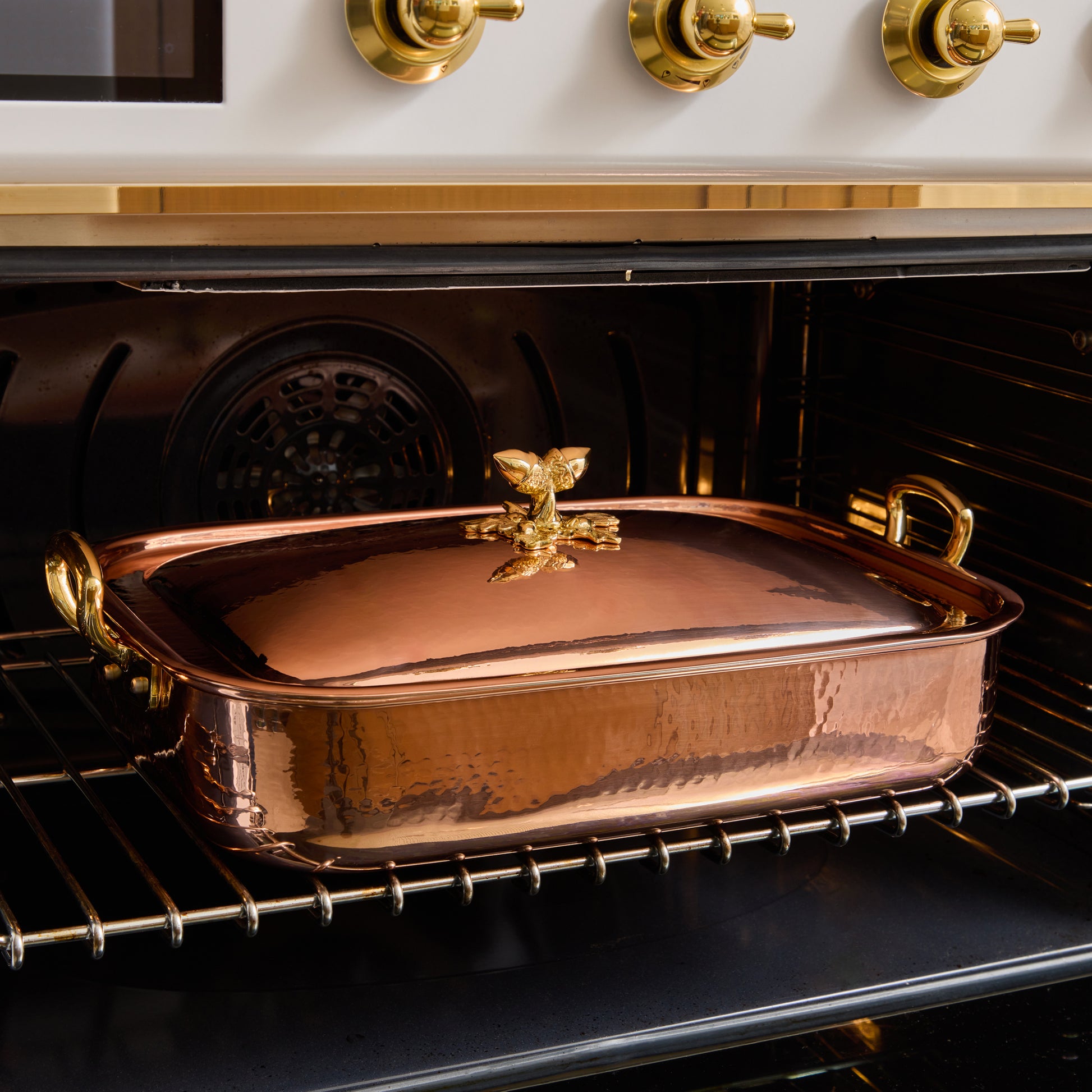 Ruffoni historia rectangular copper roaster in a traditional American oven