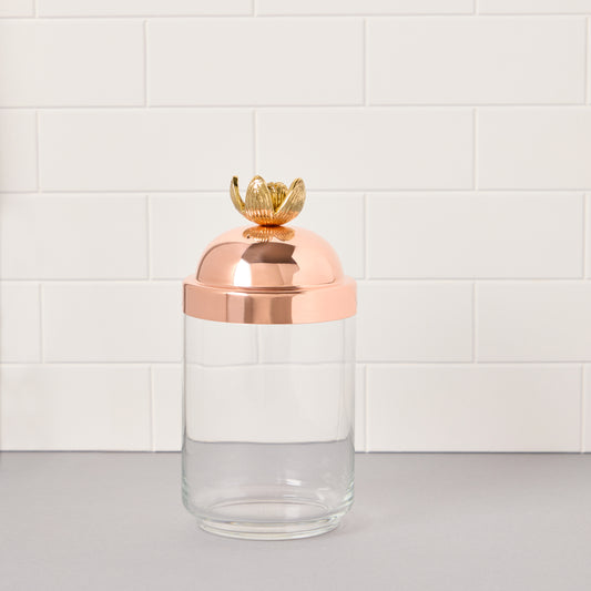 1 QT Glass Kitchen jar with sealed copper lid and lotus bronze finial
