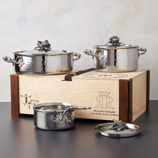 Opus Prima hammered clad stainless steel 6 piece cookware set with decorated silver-plated lid knob finial from Ruffoni