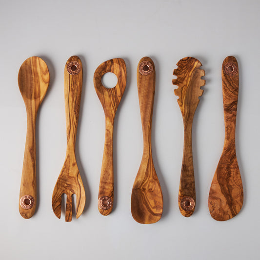 Set of six kitchen tools including spoon, spatula, risotto spoon, and spaghetti spoon, made of olivewood, by Ruffoni