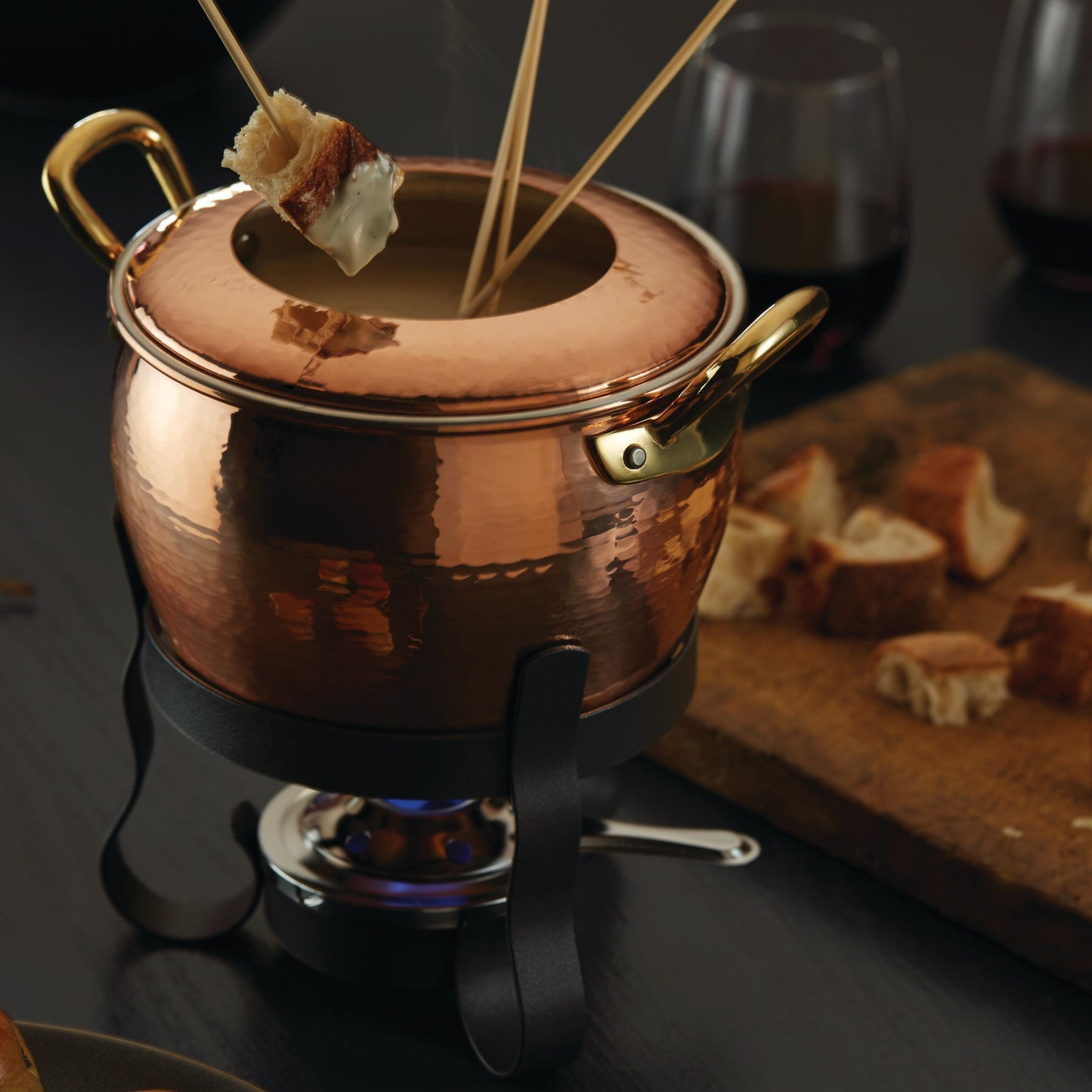 Hammered copper 11 Piece Foundue Michelle Set lined with high purity tin. Ideal for oil or broth based fondues as well as cheese or chocolate fondues