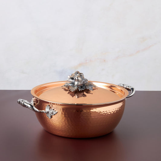 Opus Cupra hammered copper  with stainless steel lining and decorated silver-plated lid knob finial from Ruffoni