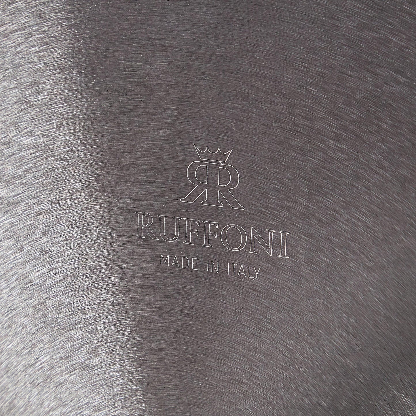 Ruffoni Made in Italy brand logo stamped under stainless steel saucepot for authenticity