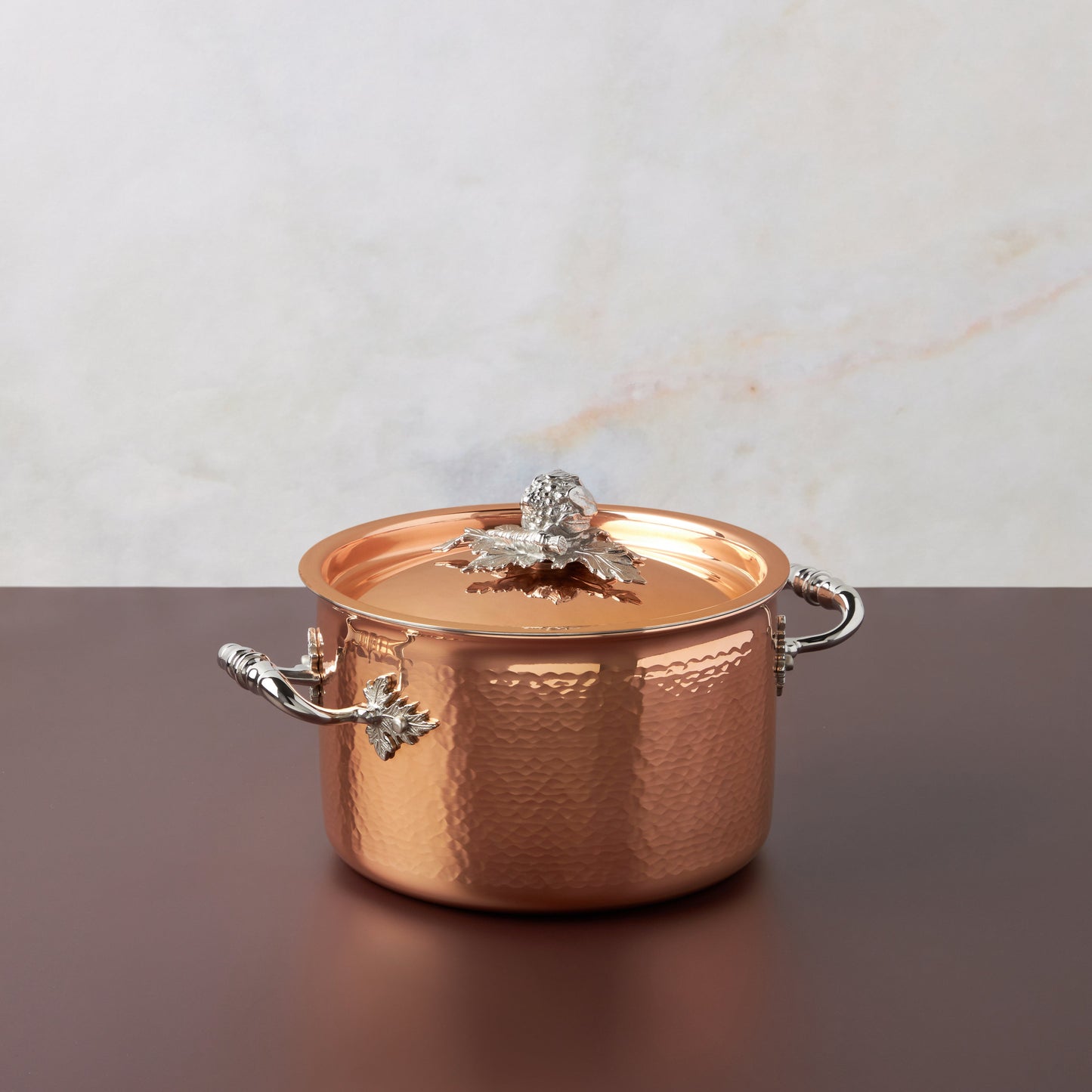 Opus Cupra hammered copper with stainless steel lining and decorated silver-plated lid knob finial from Ruffoni