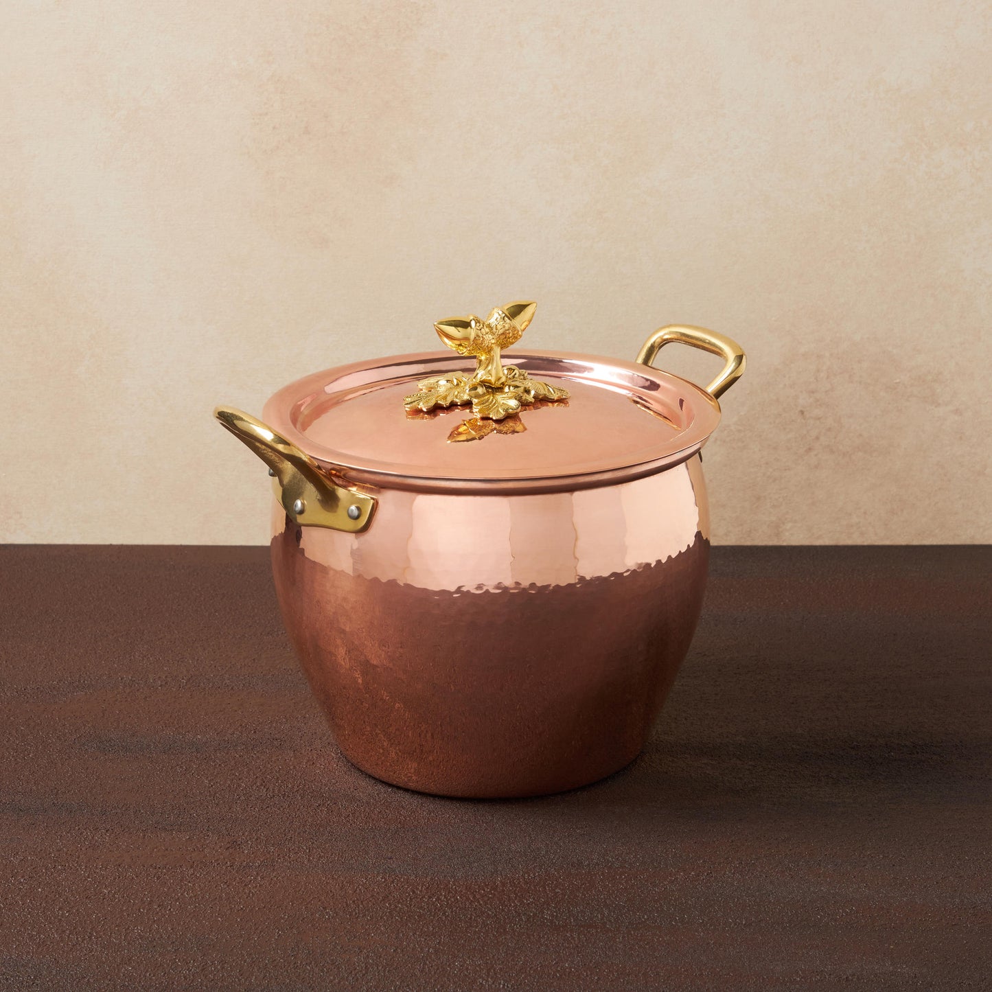 Hammered copper 5 Qt Stockpot lined with high purity tin applied by hand over fire and bronze handles, from Ruffoni Historia collection
