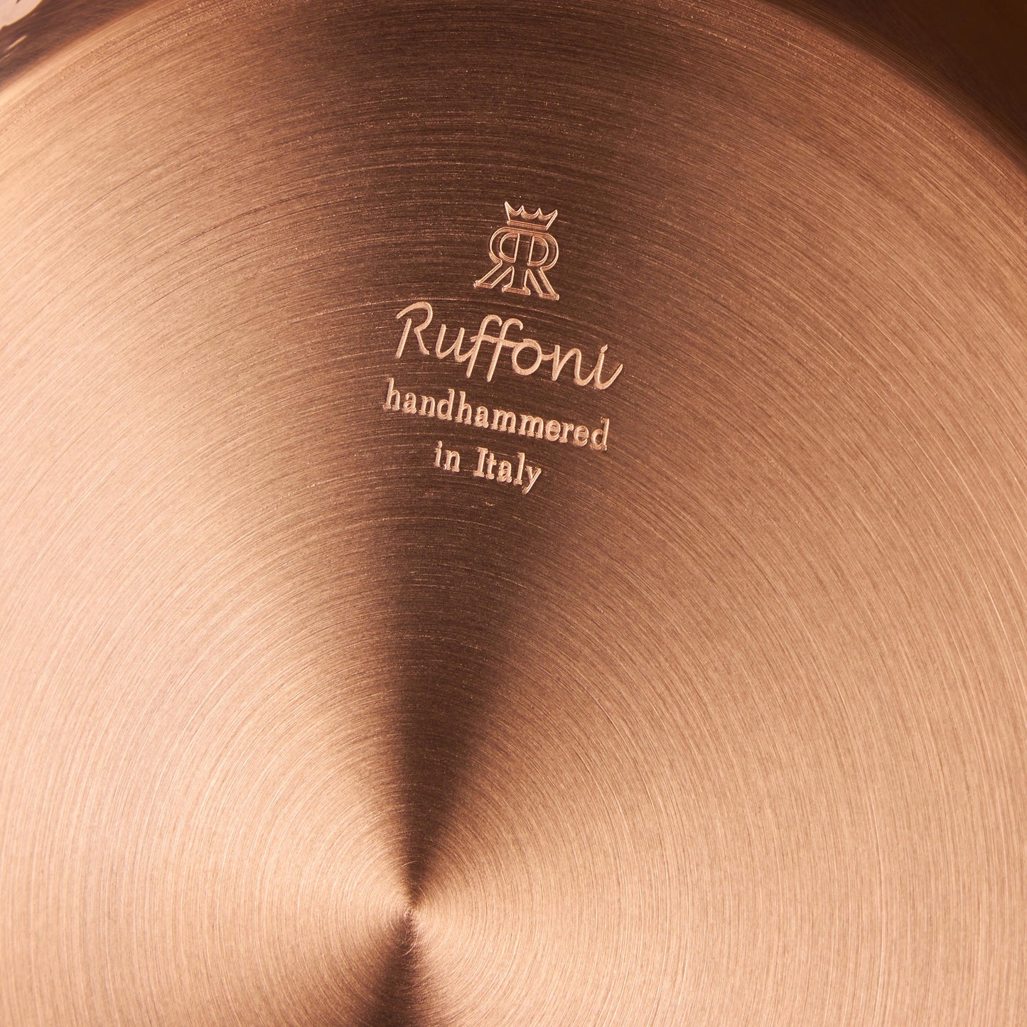 Ruffoni Made in Italy brand logo stamped under Opus Cupra copper soup pot for authenticity