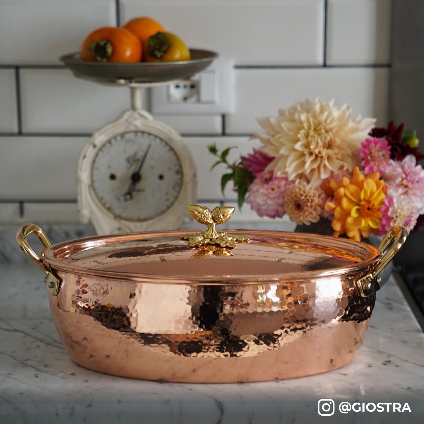 Hammered copper 8.5Qt Oval Casserole lined with high purity tin applied by hand over fire and bronze handles, from Ruffoni Historia collection