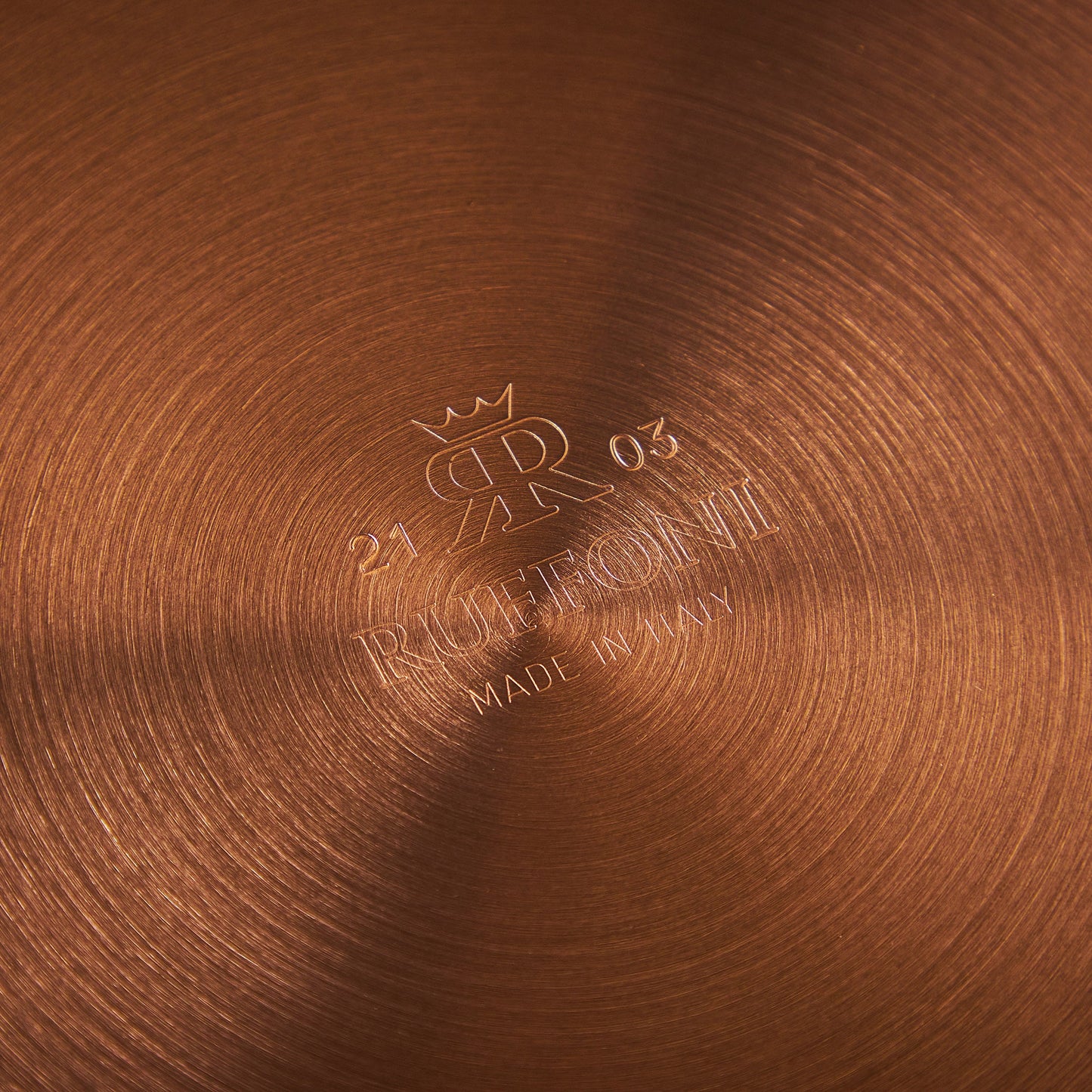 Ruffoni Made in Italy brand logo stamped under Historia hammered copper Double Handle Fry Pan for authenticity