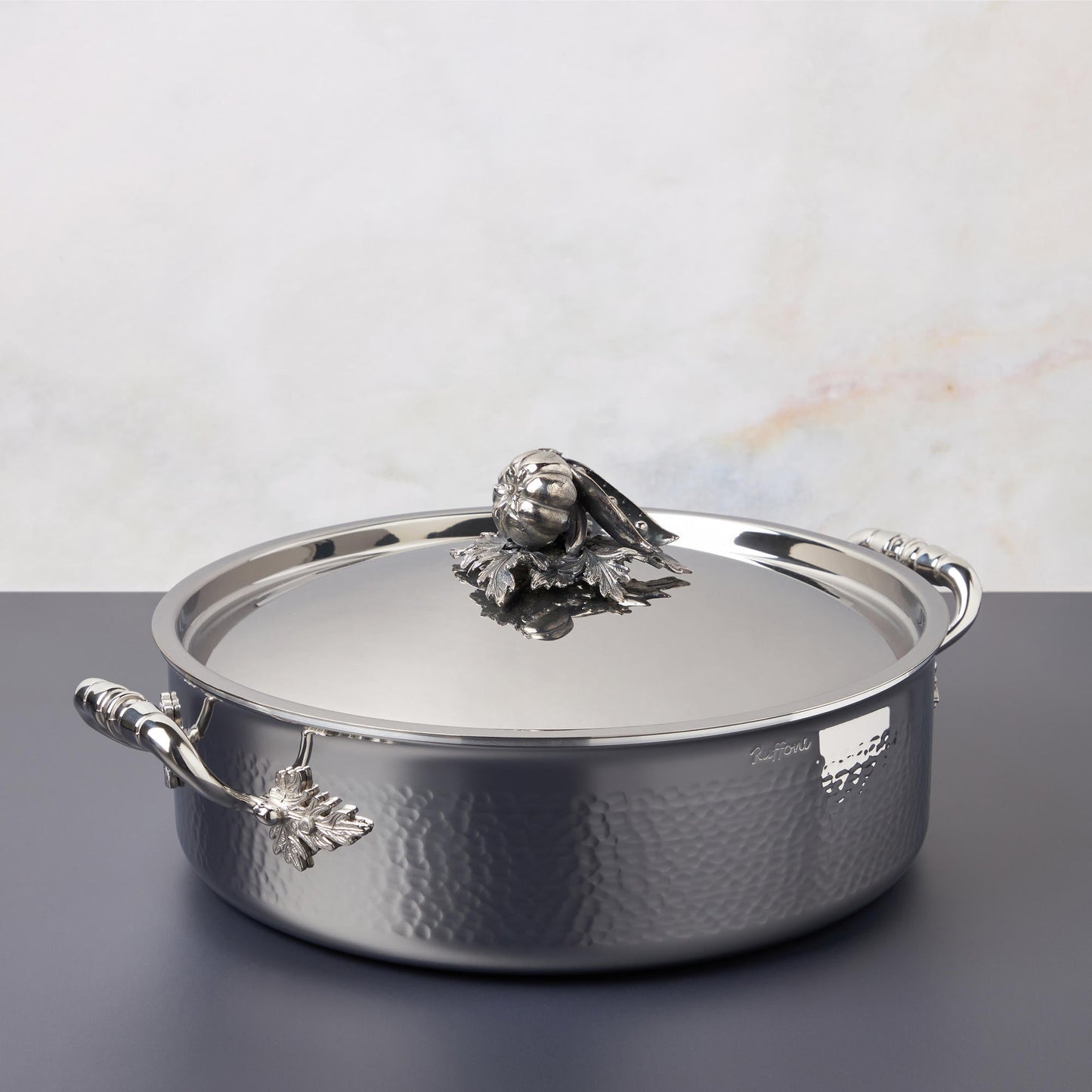 Opus Prima hammered clad stainless steel braiser with decorated silver-plated lid knob finial from Ruffoni