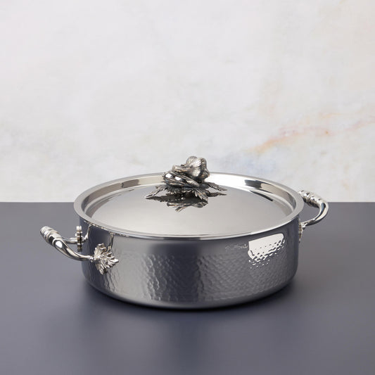 Opus Prima hammered clad stainless steel braiser with decorated silver-plated lid knob finial from Ruffoni