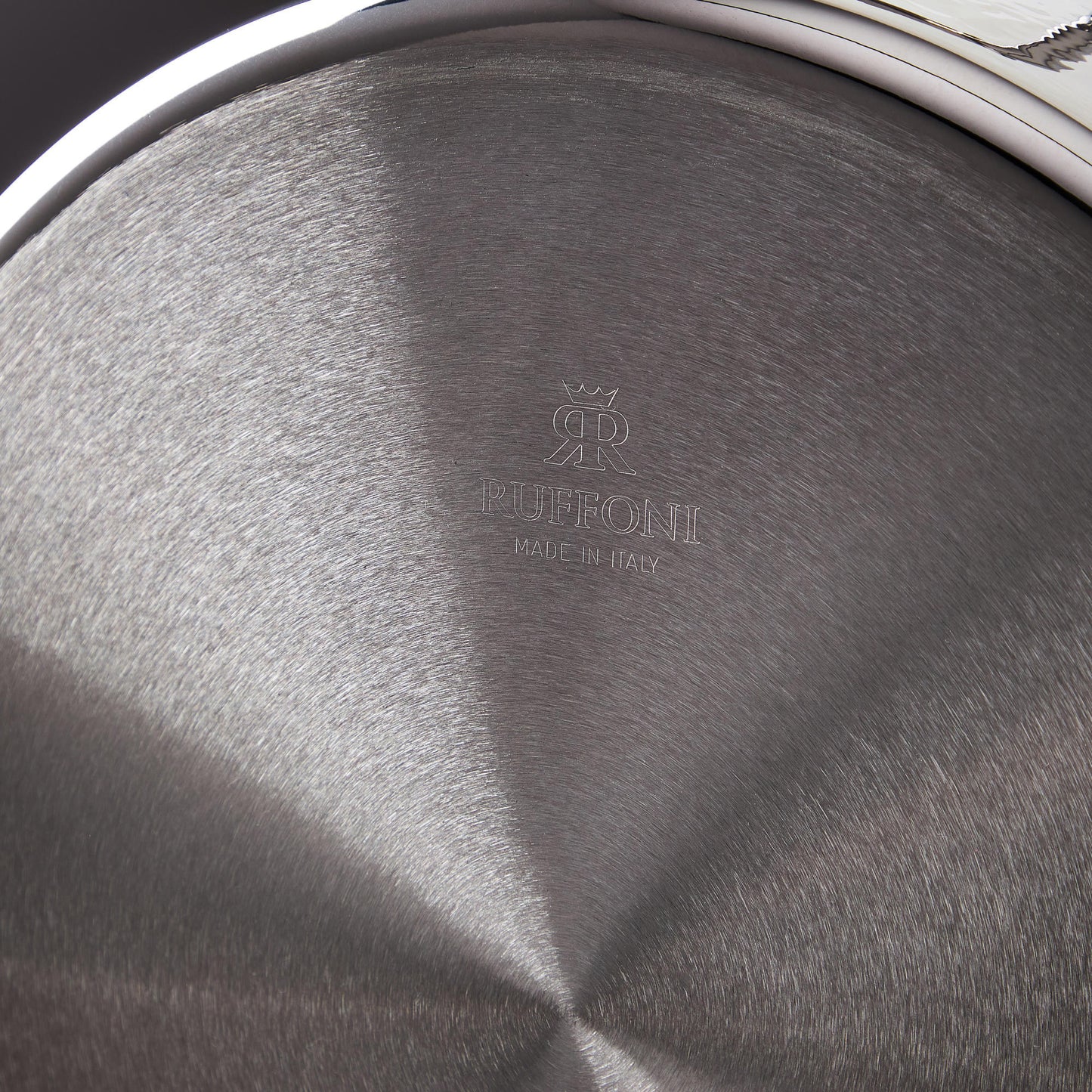 Ruffoni Made in Italy brand logo stamped under stainless steel saucepan for authenticity