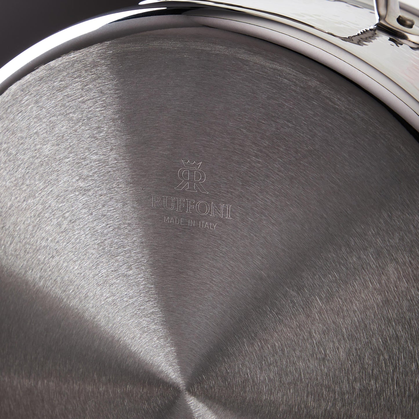 Ruffoni Made in Italy brand logo stamped under stainless steel saucepan for authenticity