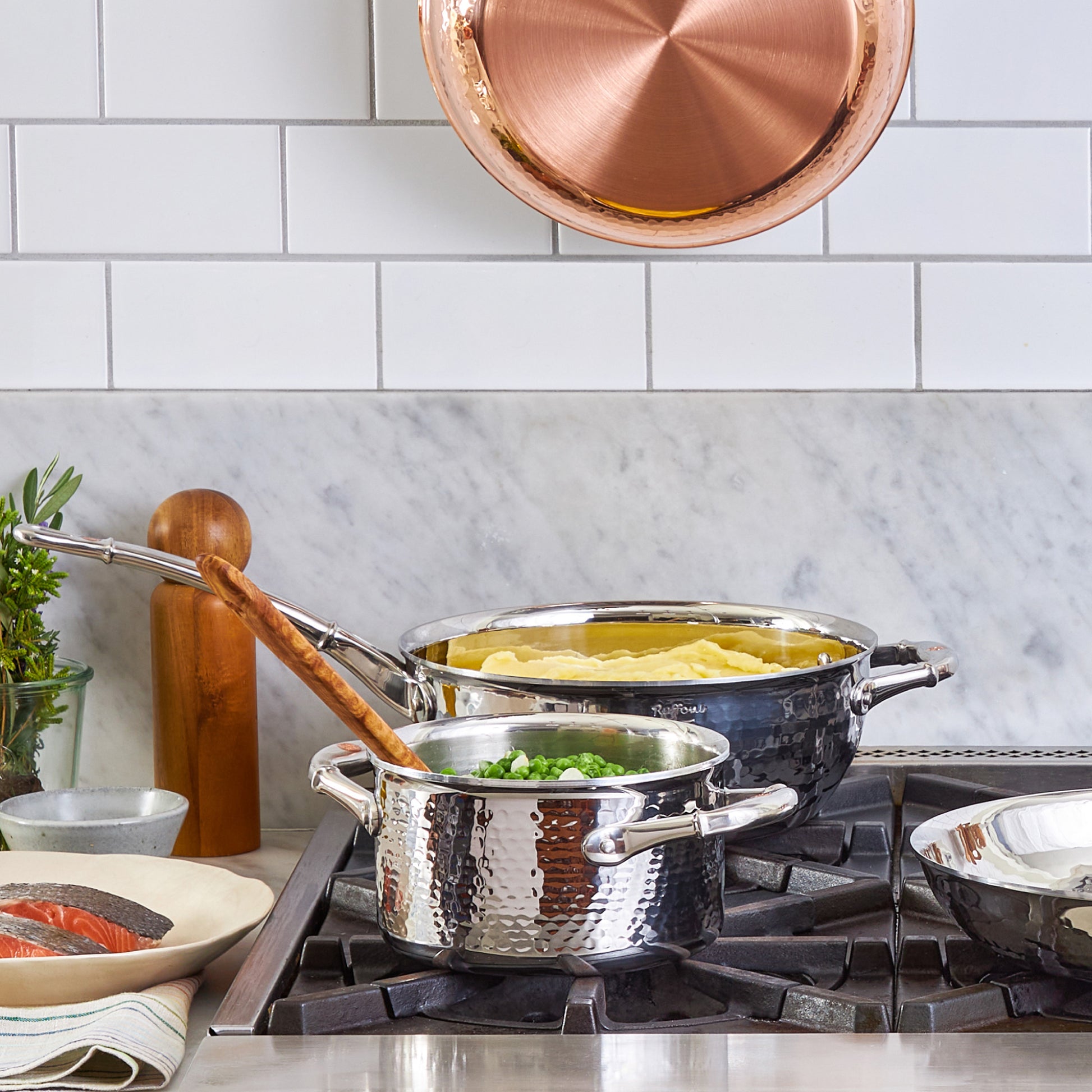 Hammered clad stainless steel saucepot with lid from Ruffoni