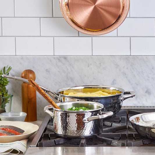 Hammered clad stainless steel saucepot with lid from Ruffoni
