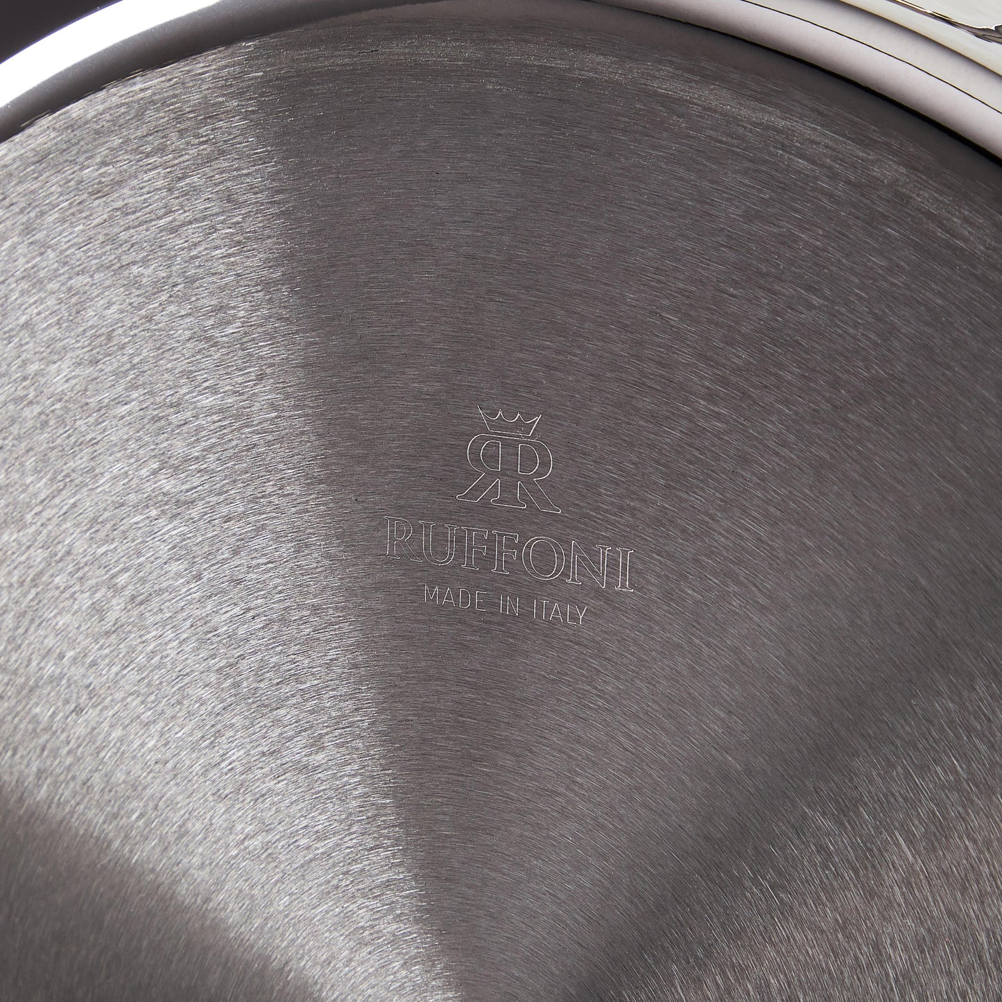 Ruffoni Made in Italy brand logo stamped under stainless steel saucepan for authenticity