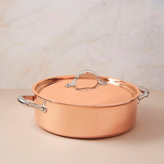 Braiser with lid in hammered copper with stainless steel lining from Ruffoni