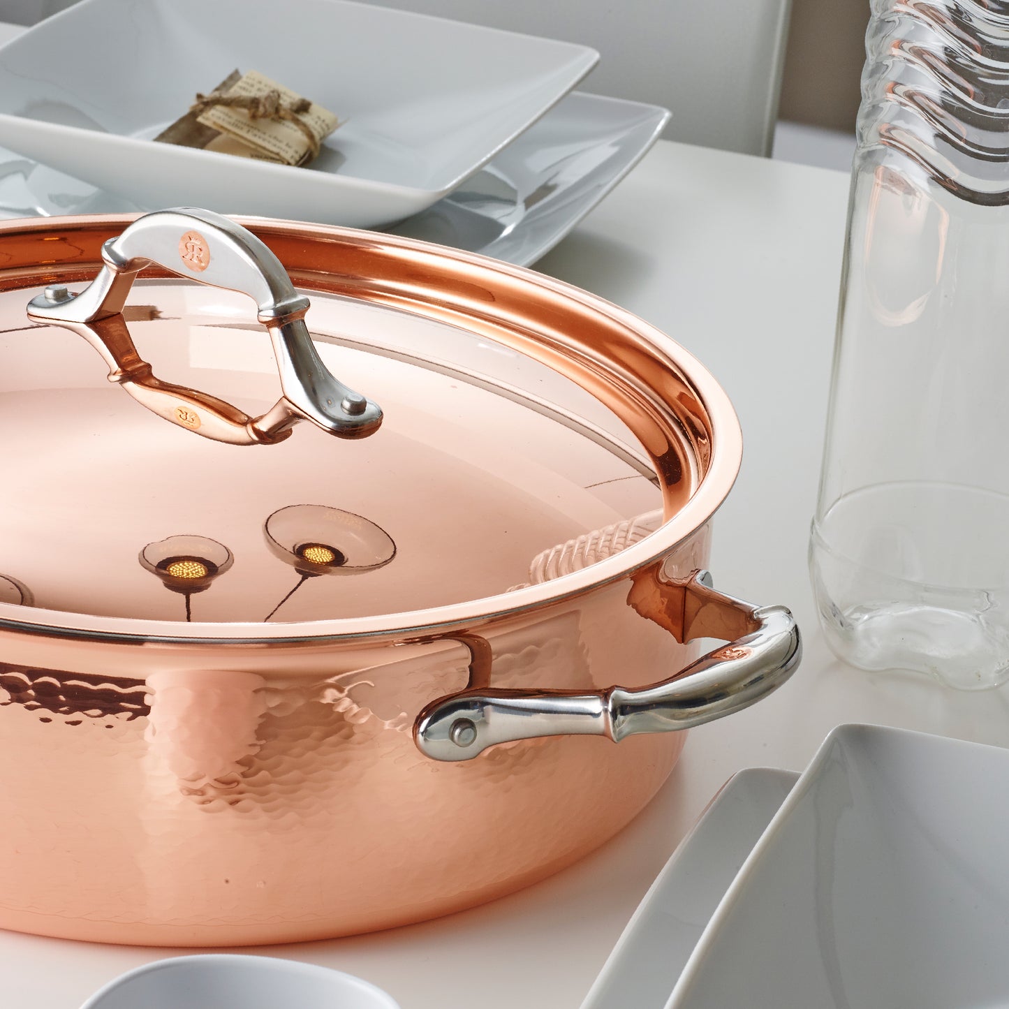 Braiser with lid in hammered copper with stainless steel lining from Ruffoni