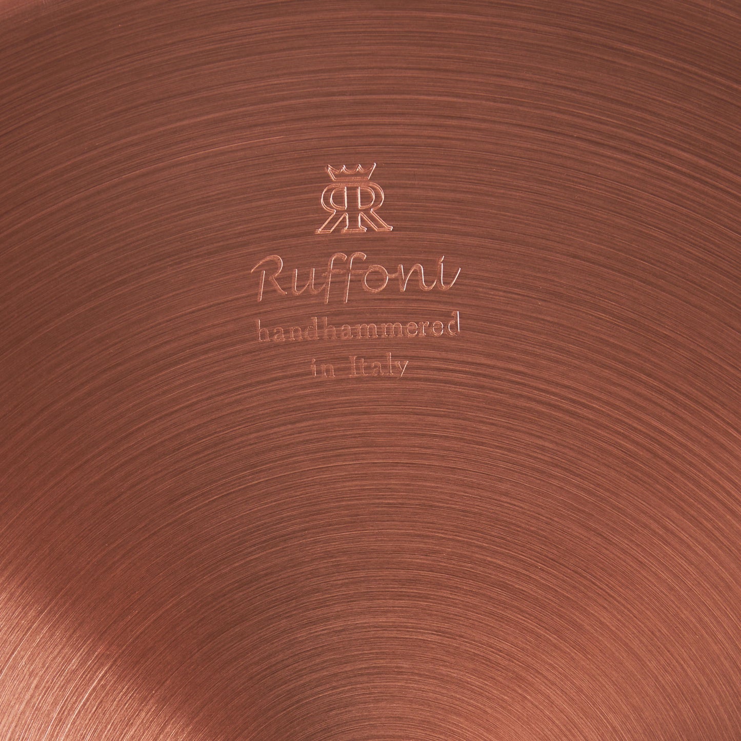 Ruffoni Made in Italy brand logo stamped under copper saucepan for authenticity