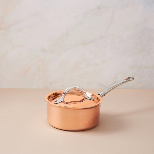 Saucepan with lid in hammered copper with stainless steel lining from Ruffoni