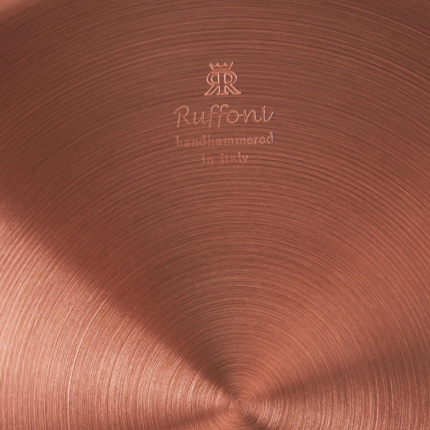 Ruffoni Made in Italy brand logo stamped under copper frying pan for authenticity