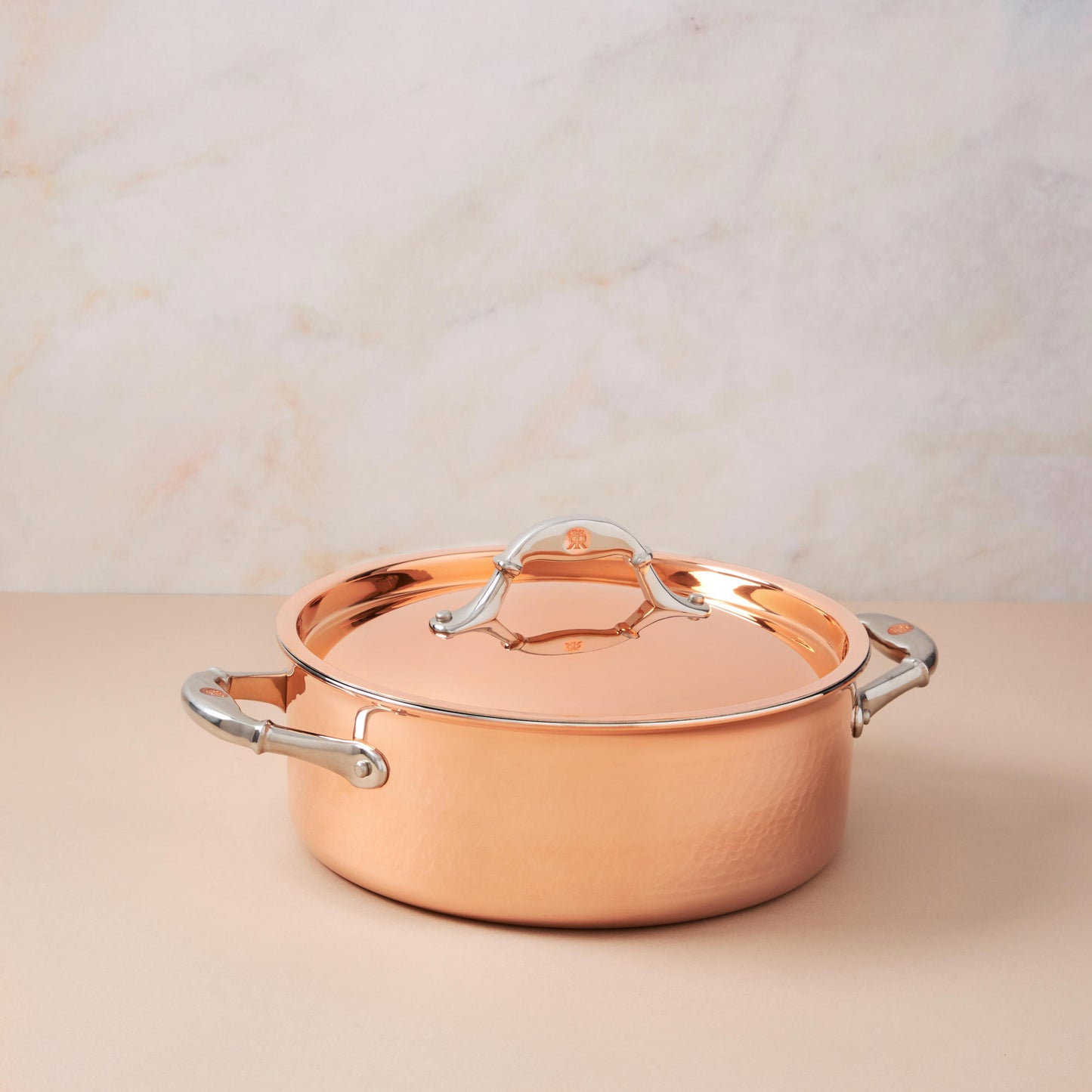 Braiser with lid in hammered copper with stainless steel lining from Ruffoni