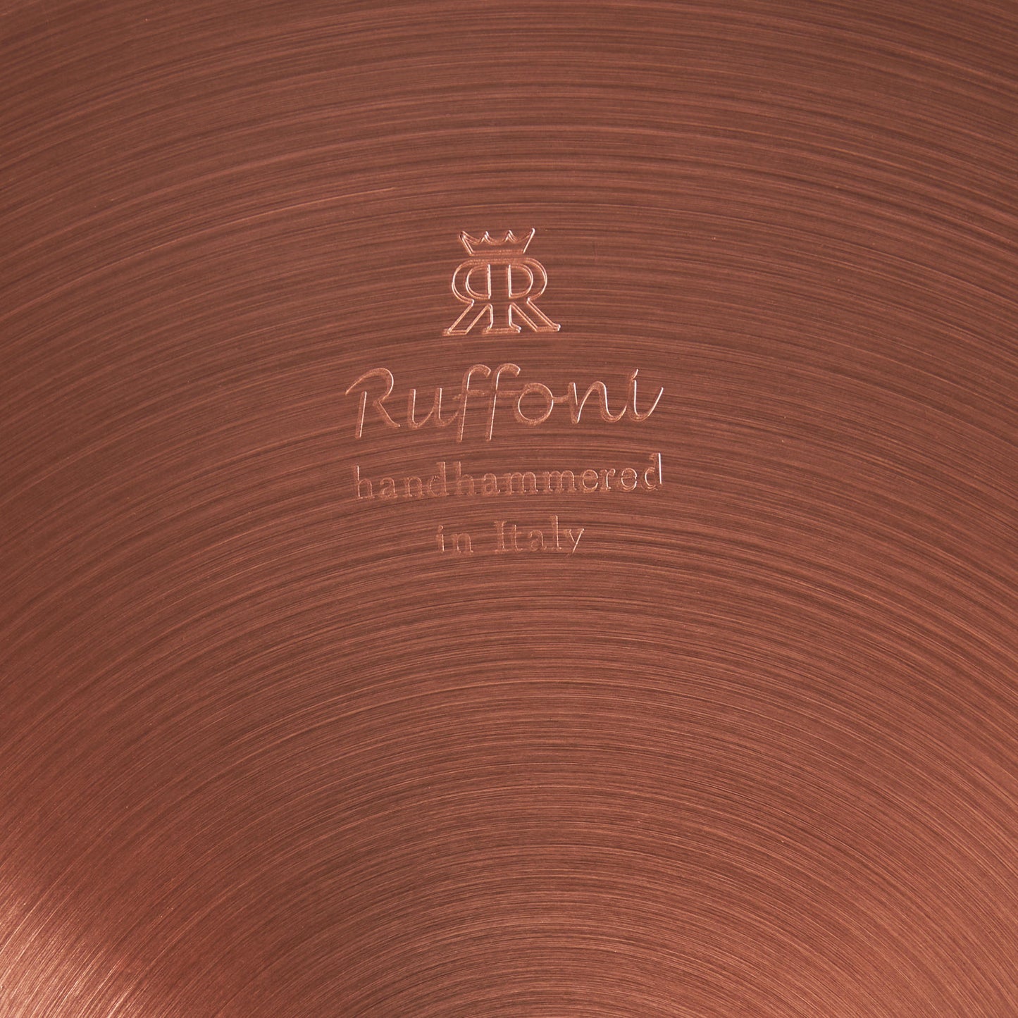 Ruffoni Made in Italy brand logo stamped under copper saucepot for authenticity