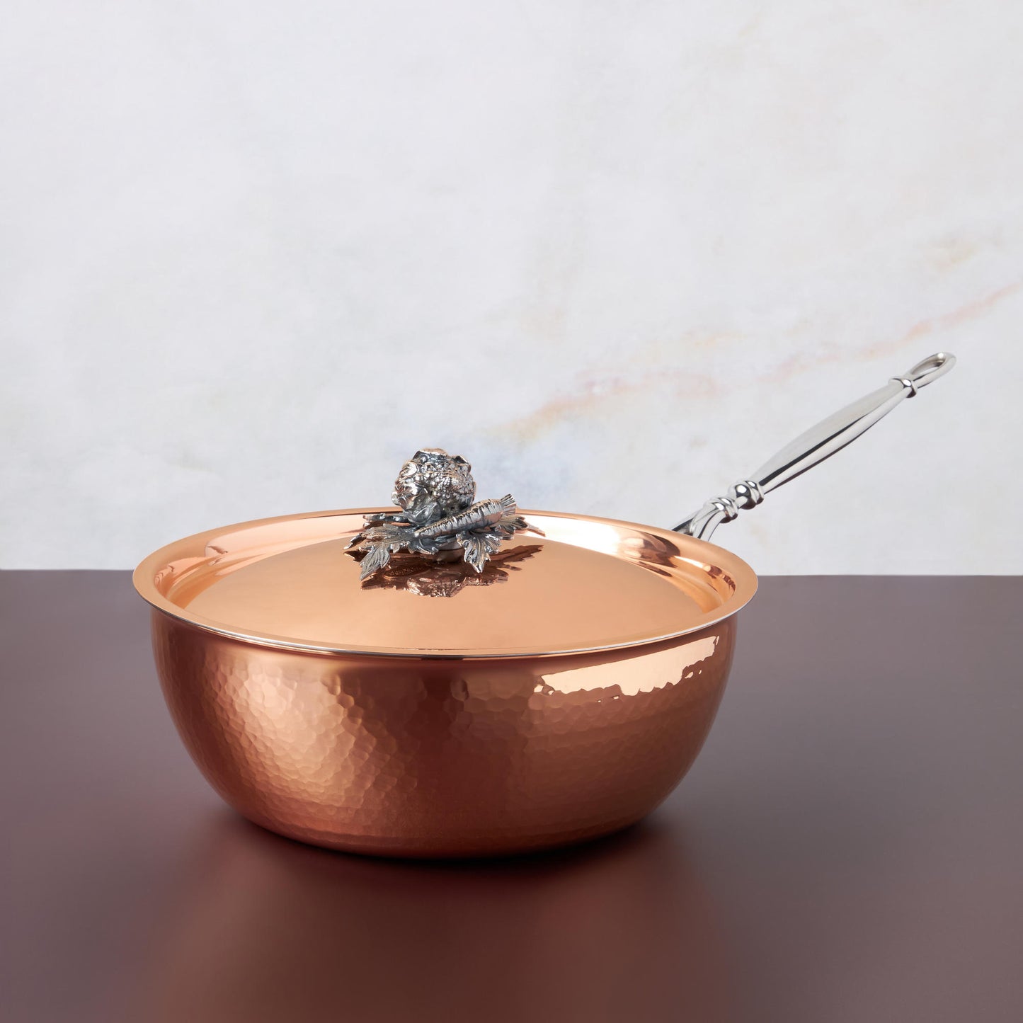 Opus Cupra hammered copper chef pan with stainless steel lining and decorated silver-plated lid knob finial from Ruffoni