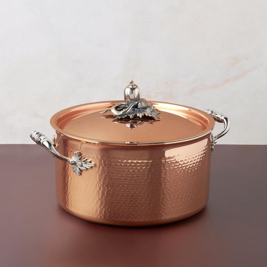 Opus Cupra hammered copper pot with stainless steel lining and decorated silver-plated lid knob finial from Ruffoni
