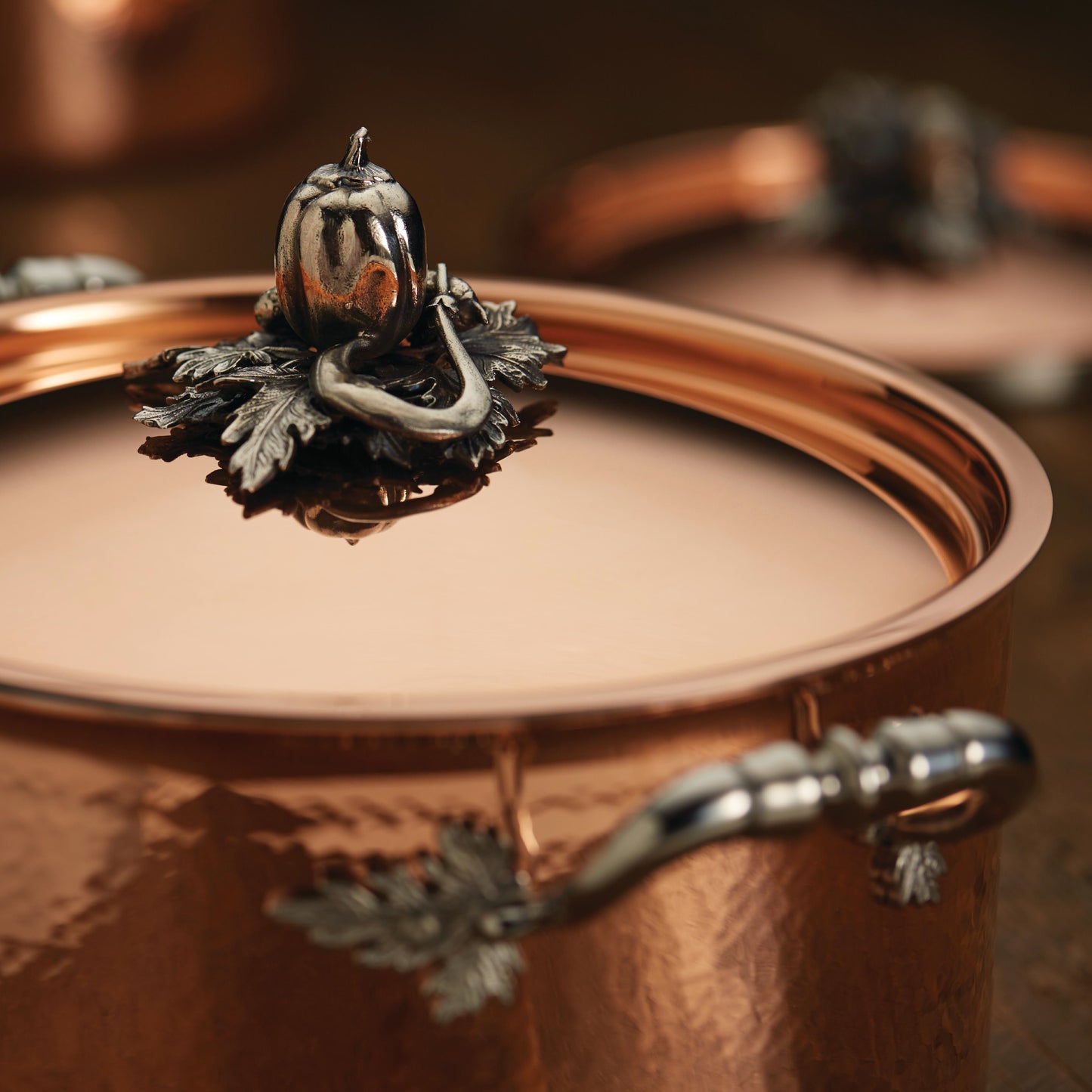Decorated knob finial representing pepper, cucumber and string bean, cast in solid bronze and silver plated, on Opus Cupra clad copper lid by Ruffoni