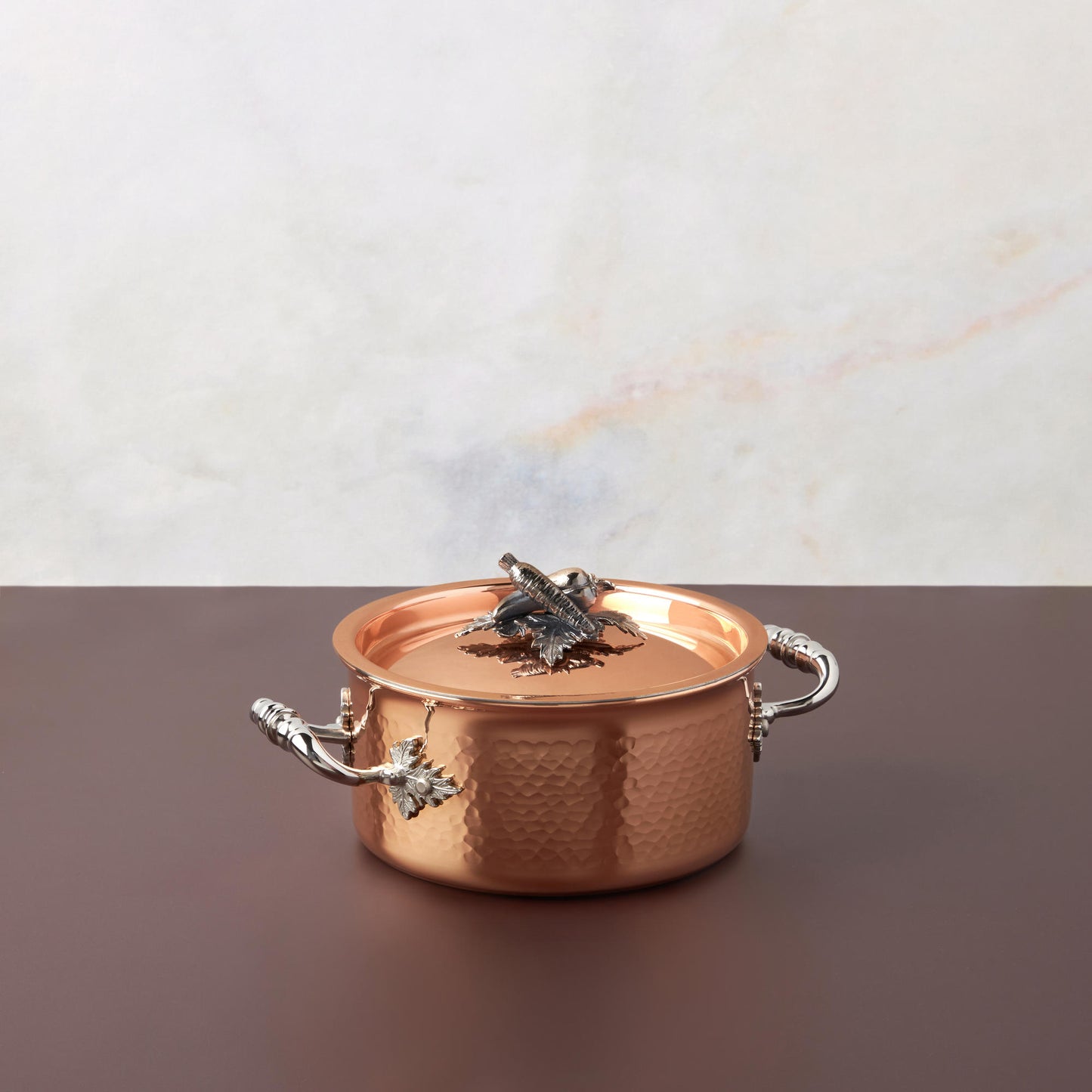 Small Saucepot Opus Cupra hammered copper with stainless steel lining and decorated silver-plated lid knob finial from Ruffoni