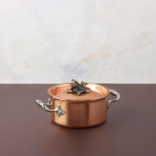 Small Saucepot Opus Cupra hammered copper  with stainless steel lining and decorated silver-plated lid knob finial from Ruffoni