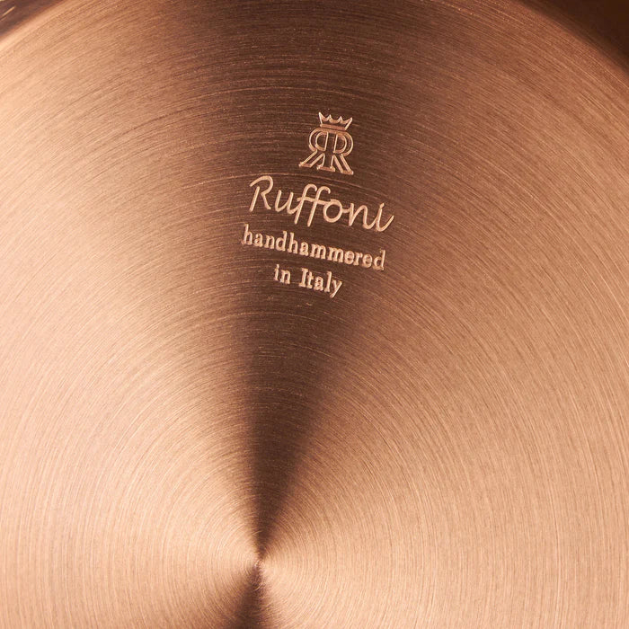 Ruffoni Made in Italy brand logo stamped under Opus Cupra copper 5 qt ultimate pan for authenticity
