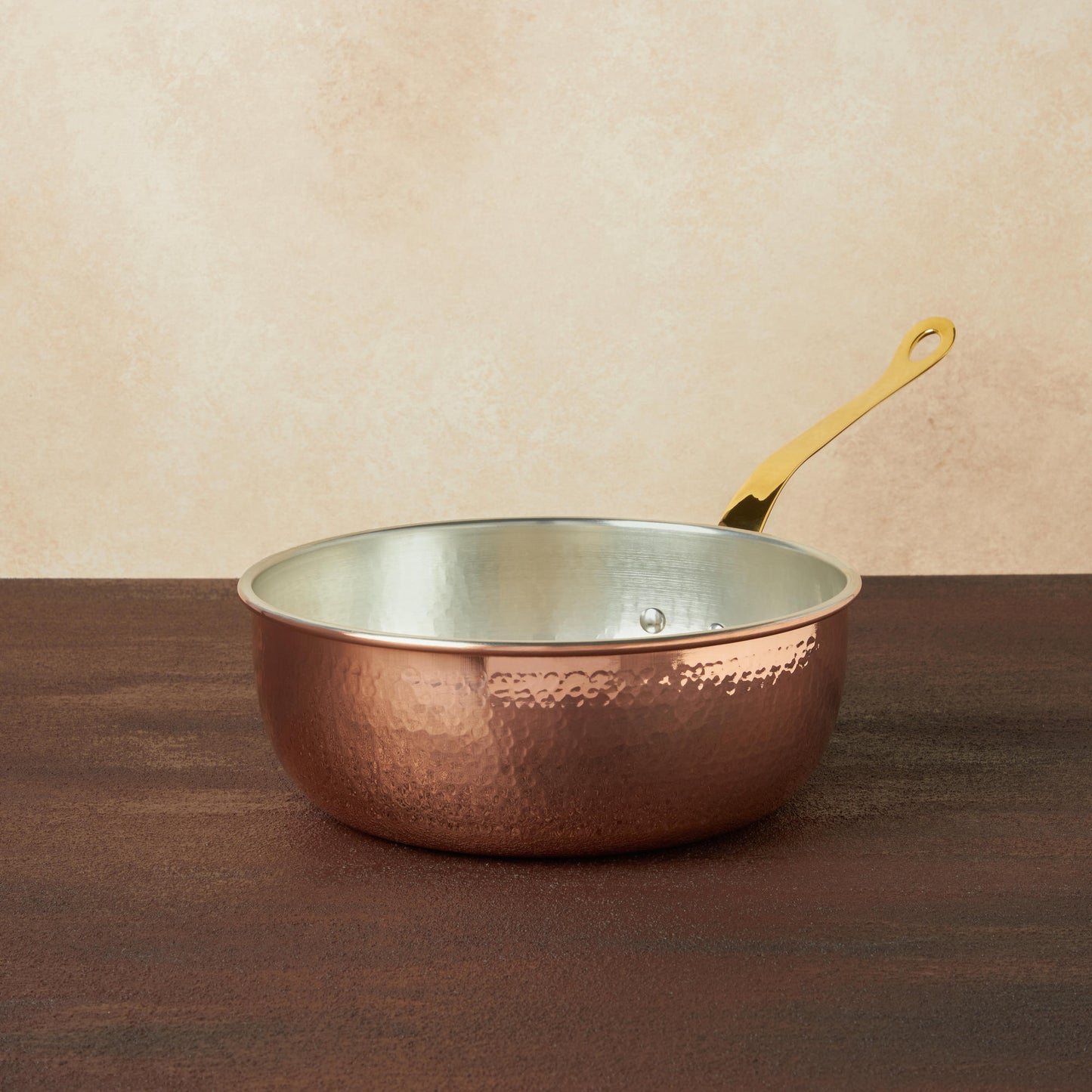 Hammered copper 3.5 Qt Chef's Pan lined with high purity tin applied by hand over fire and bronze handles, from Ruffoni Historia collection
