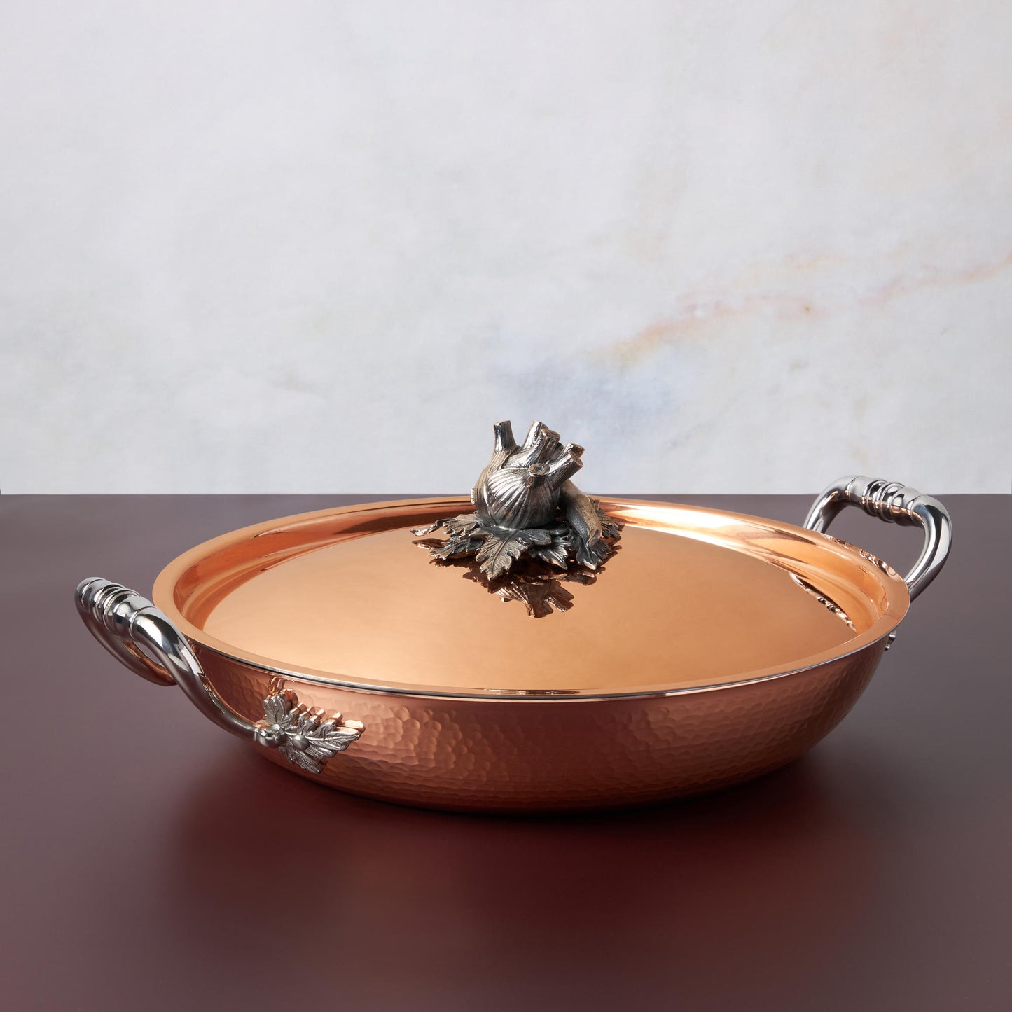 Opus Cupra hammered copper serving frying pan with stainless steel lining and decorated silver-plated lid knob finial from Ruffoni