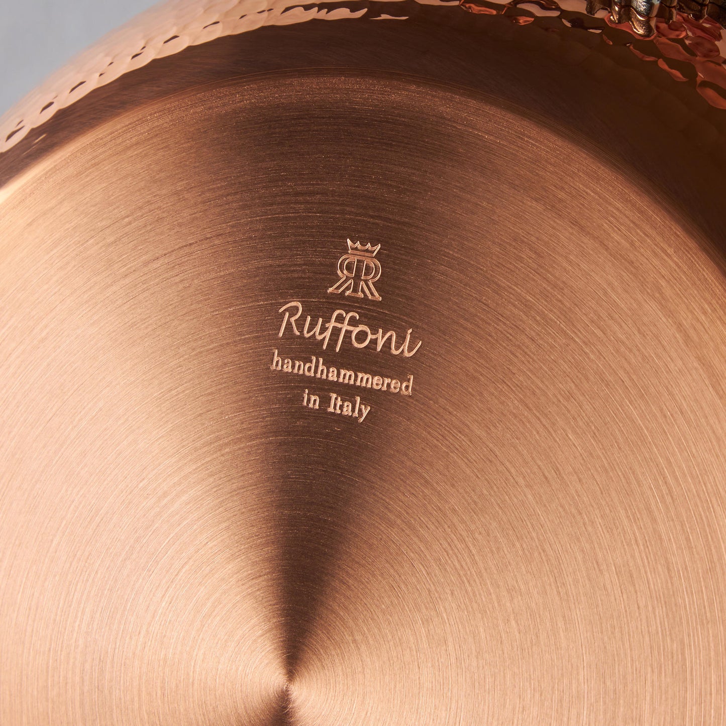 Ruffoni Made in Italy brand logo stamped under Opus Cupra copper gratin for authenticity