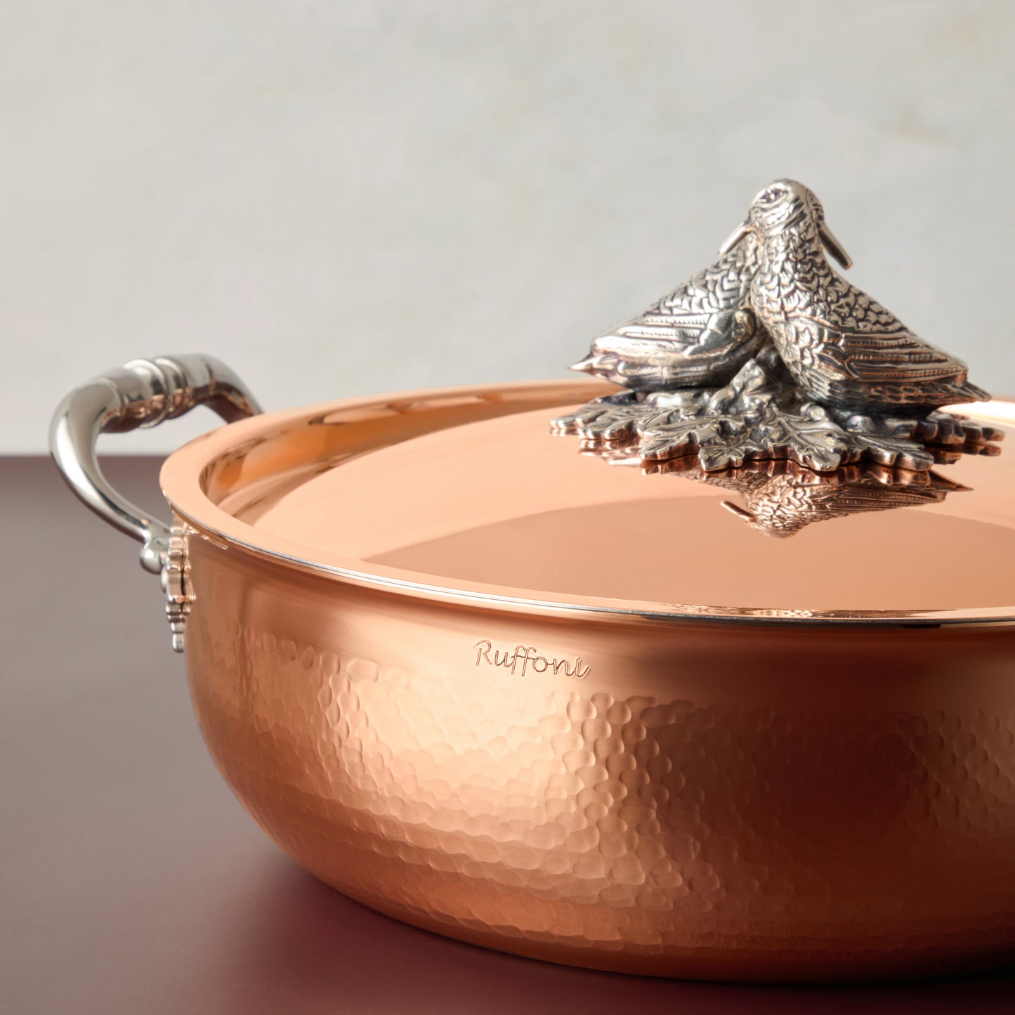 Opus Cupra hammered copper with stainless steel lining and decorated silver-plated lid lovebird knob finial from Ruffoni