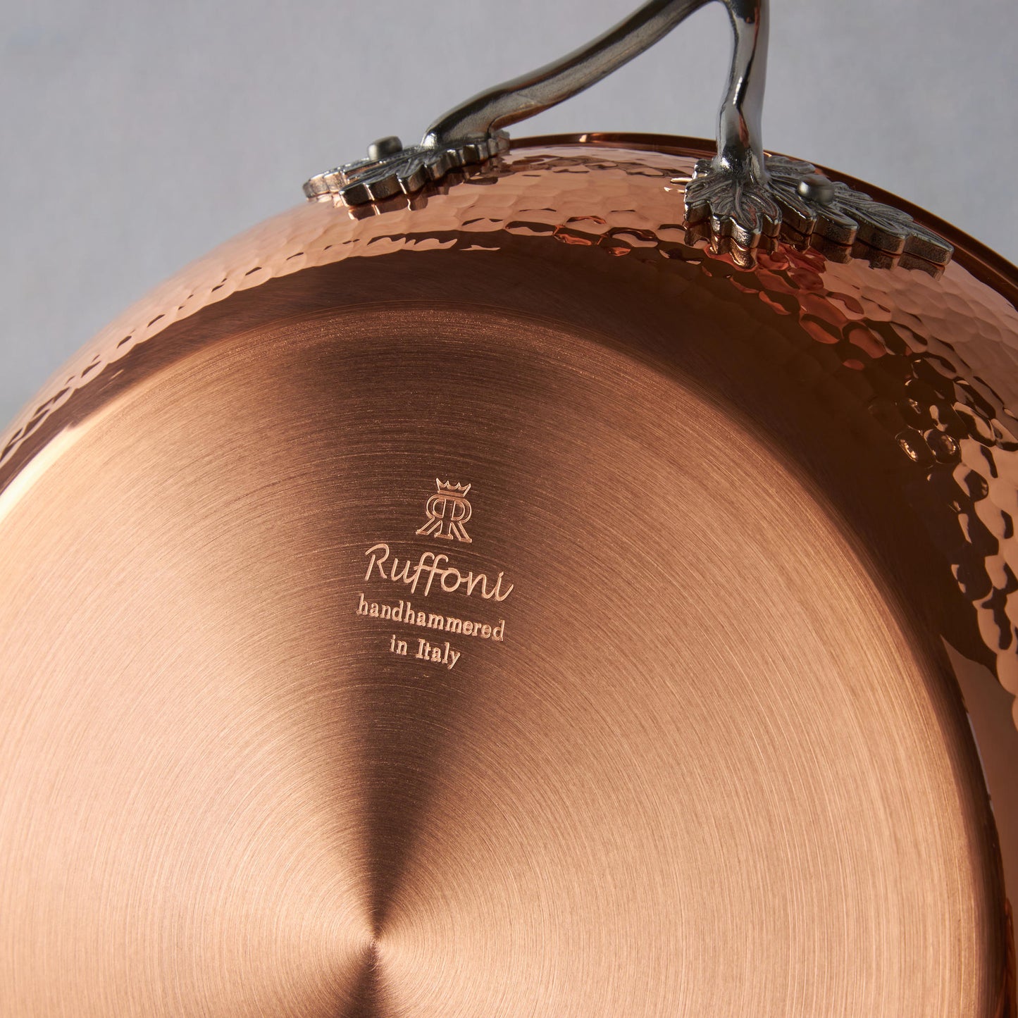Ruffoni Made in Italy brand logo stamped under Opus Cupra copper frying pan for authenticity