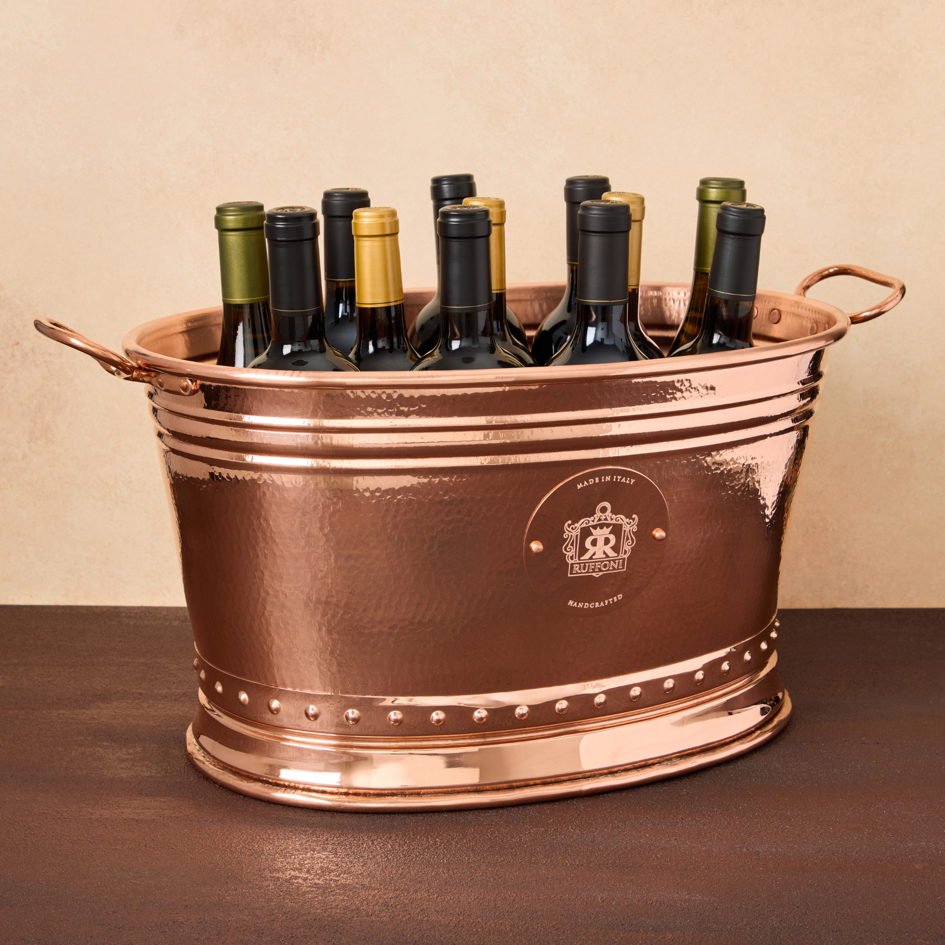 Hammered copper Large Ice Bucket, copper handles, with wine bottles, from Ruffoni Historia collection