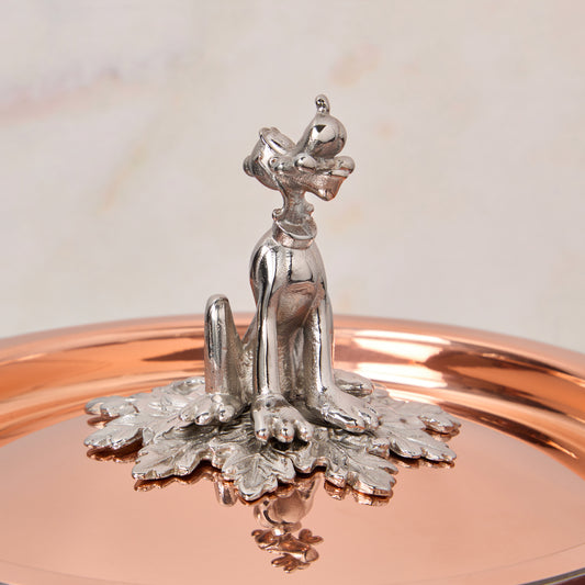 Decorated knob finial representing Pluto, on Opus Cupra clad copper lid by Ruffoni