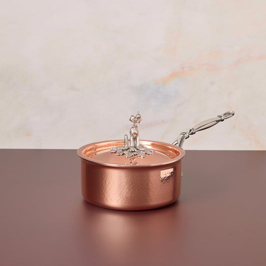 Disney x Ruffoni Opus Cupra 2qt saucepan hammered copper with stainless steel lining and decorated  Pluto stainless steel knob from Ruffoni