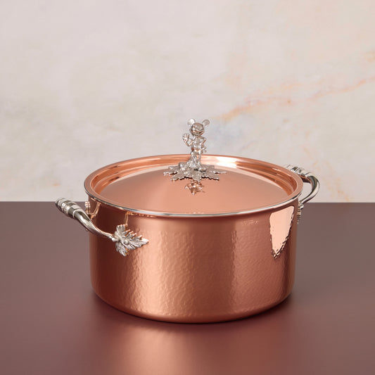 Disney x Ruffoni Opus Cupra 8 qt stockpot hammered copper with stainless steel lining and decorated  Mickey Mouse stainless steel knob from Ruffoni