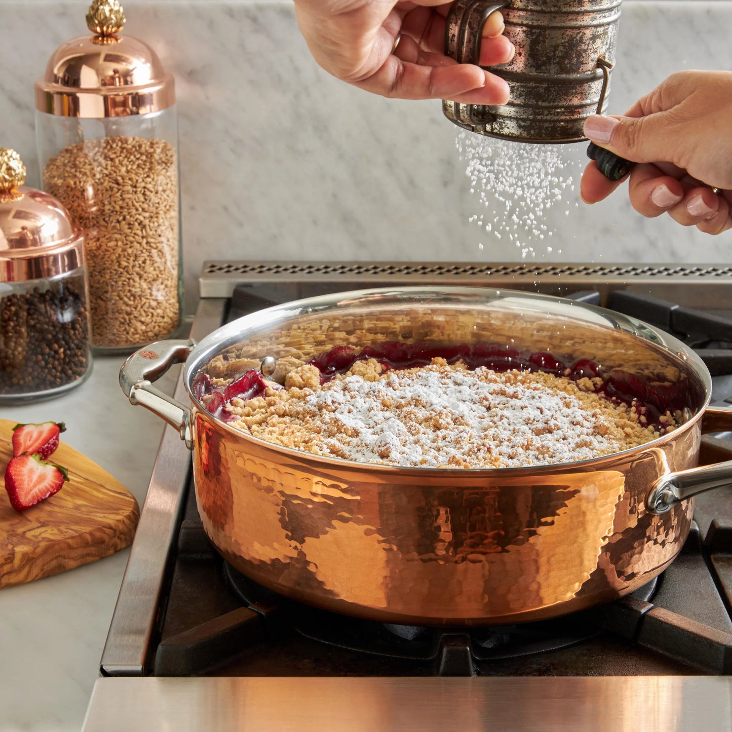 Fruit crumble prepared in a Ruffoni copper braiser