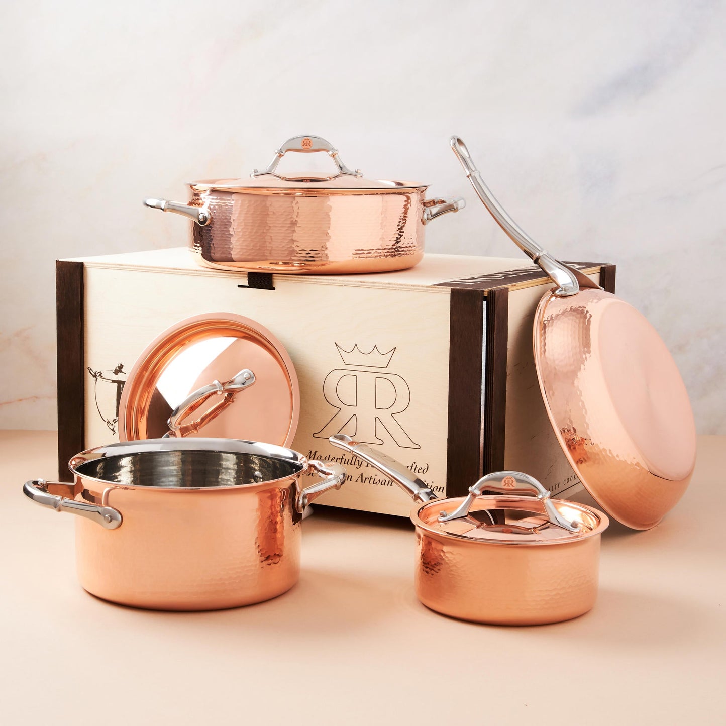 Cookware set  in hammered copper with stainless steel lining from Ruffoni