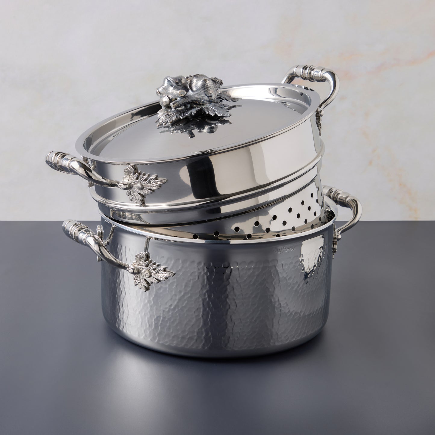 The Ruffoni Opus Prima 6qt stockpot can be paired with the matching Pasta Insert in stainless steel